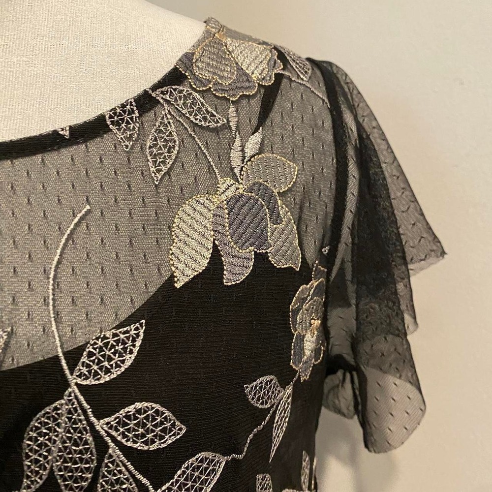 Black Sheer Mesh Floral Embroidered Flutter Sleeve Top - Picture 2 of 5